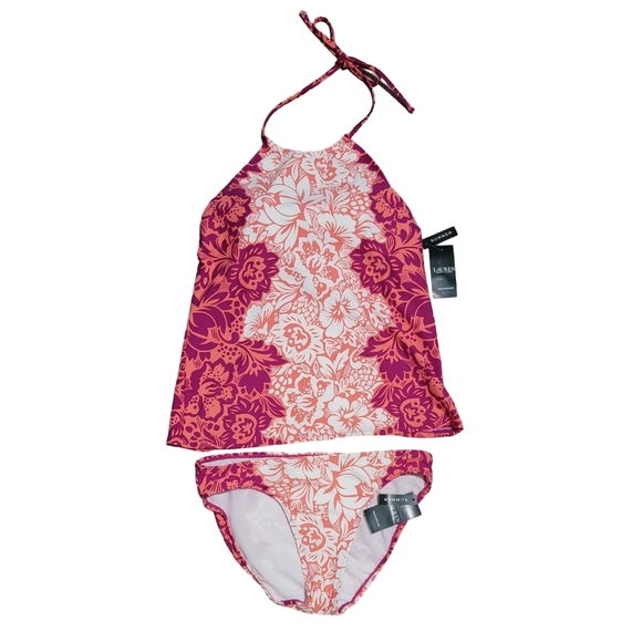 Ralph Lauren Womens Size 6 Pink Coral Tropical Hawaiian Floral Tankini Swimsuit - Picture 3 of 10
